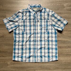 L.L. Bean Men's Cool Weave Button Up Short Shirt - Blue/White